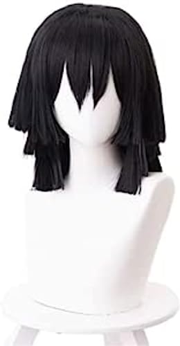 Anime Dämon Slayer Iguro Obanai Cosplay Perücke, schwarzes kurzes Haar Halloween Kostüm Party Rolle Spielen Perücke von Syedeliso