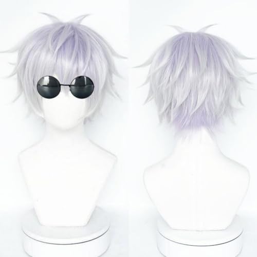 Anime Jujutsu Kaisen Cosplay Perücke Lila gemischte weiße Anime Kostüm Perücke mit schwarzer Brille für Männer Kurze weiße Perücke für Halloween Kostüm Party von Syedeliso