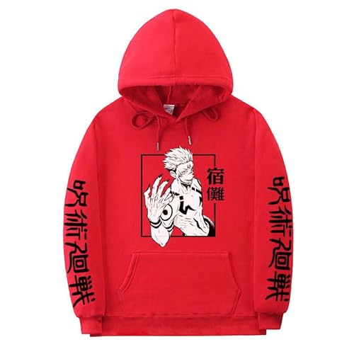 Anime Jujutsu Kaisen Ryomen Sukuna Hoodie Übergroße Herbst Winter Fleece Sweatshirt Männer Frauen Langarm Pullover (Rot,XL) von Syedeliso