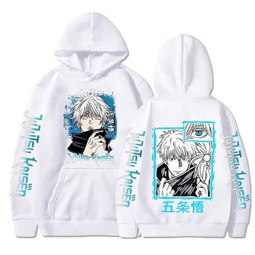 Anime Jujutsu Kaisen Satoru Gojo Hoodie Übergroße Herbst Winter Fleece Sweatshirt Männer Frauen Langarm Pullover (Weiß,S) von Syedeliso