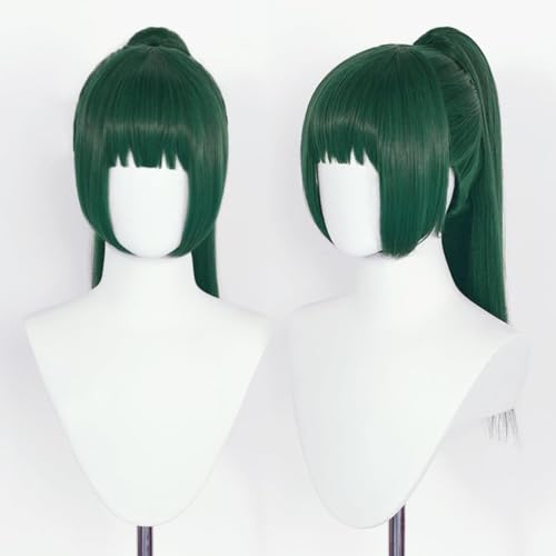 Anime Jujutsu Kaisen Zenin Maki Cosplay Perücke Dunkelgrünes Haar Hohe Pferdeschwanz Frauen Cosplay Perücke Halloween Kostüm Party Synthetische Perücken+Perücke Cap von Syedeliso