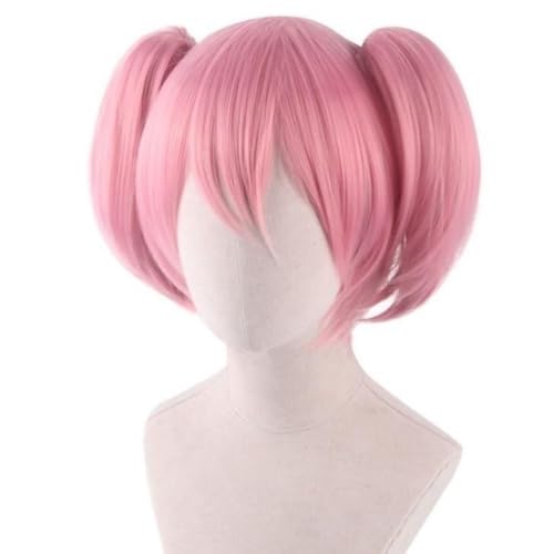 Anime Puella Magi Madoka Magica Cosplay Perücke Kurze Rosa Zöpfe Party Perücken für Frauen Mädchen Halloween Kostüm Party Rolle Play+Perücke Cap (Pink) von Syedeliso