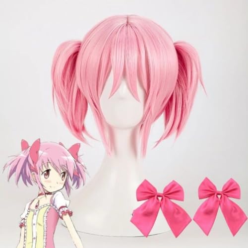 Anime Spiel Cosplay Perücke Madoka Kaname Cosplay Perücke mit zwei Bogen Kurze rosa Zöpfe Halloween Party Perücke für Frauen Mädchen von Syedeliso