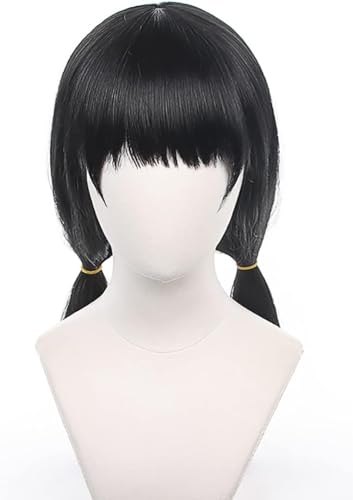 Anime Spiel Mitaka Asa Schwarz Lange Zwei Zöpfe Perücke Cosplay Kettensäge Mann Frauen Kostüm Halloween Kostüm Party Synthetische Perücken+Perücke Cap von Syedeliso