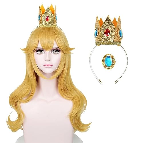 Blonde Prinzessin Perücke für Frauen, 4 Stücke Set von Golden Long Wavy Cosplay Pfirsich Perücke Kostüm Halloween Party für Perücke Krone Brosche Ohr ringe Handschuh von Syedeliso