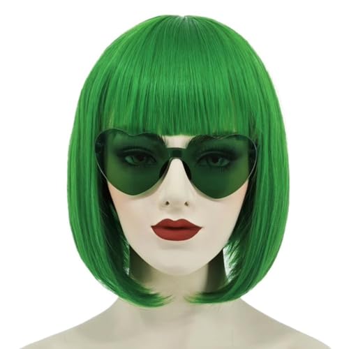 Grüne Bob Perücken für Frauen Kurze rote Perücke mit Bangs Perücke Synthetische Hitzebeständige Perücke Rocker Perücke für Halloween Kostüm Party Tägliche Wear+Glasses+ Perücke Cap von Syedeliso