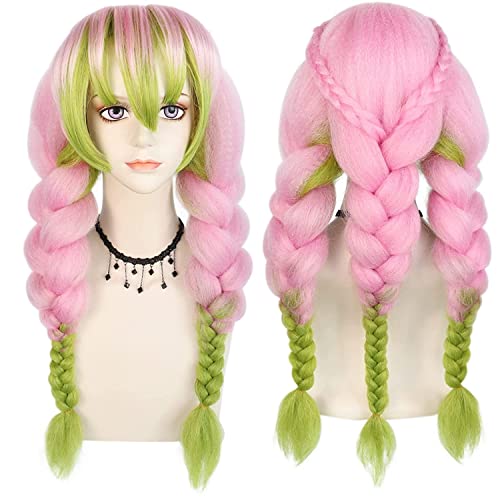 Kanroji Mitsuri Rosa Grün Ombre 3 Pre-Geflochtene Perücke Cosplay für Mädchen Ombre Grün Synthetische Perücken Haar Lange Gerade perücken für Comic Anime Halloween Party von Syedeliso