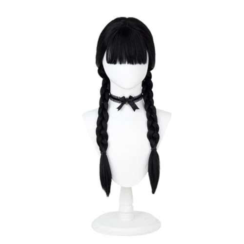 Lange schwarze Cosplay Perücke mit Bangs Schwarze geflochtene Perücke für Frauen Mädchen Hitzebeständige synthetische Perücken für Halloween Party Kostüm Zubehör+Perücke Cap von Syedeliso