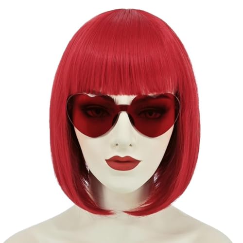 Rote Bob Perücken für Frauen Kurze rote Perücke mit Bangs Perücke Synthetische Hitzebeständige Perücke Rocker Perücke für Halloween Kostüm Party Tägliche Wear+Glasses+ Perücke Cap von Syedeliso