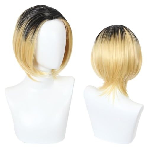 Schwarz und Gelb Farblauf Perücke für Kozume Kenma Cosplay Perücke Haikyuu Kostüm Männer Kurze Anime Natürliche Weiche Halloween Kostüme Party Haar Perücken mit Perücke Cap von Syedeliso