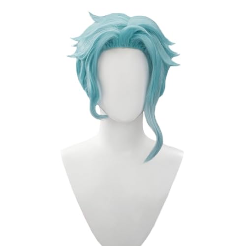 nime Cosplay Perücke, Genshin Impact Perücke, Il Dottore Cosplay Perücke für blaue kurze gerade Perücke mit lockigem Haar Hitzebeständige synthetische Perücken für Halloween Kostüm Party Rollenspiel von Syedeliso