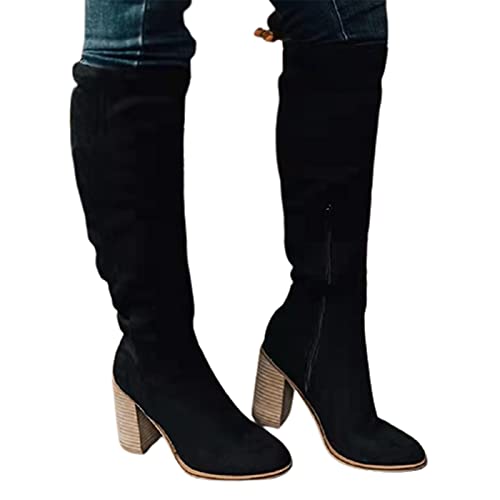 Syfinee Damenstiefel, Wildleder, lange Winterstiefel, modische Overknee-lange Stiefel mit Blockabsatz, Stretch-Passform, hohe Stiefel für Frauen und Mädchen, Winter, einfach anzuziehen von Syfinee