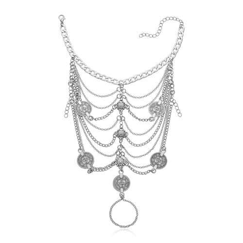 Syfunlv Boho Perlen Fußkettchen,Mehrschichtige Silberkette,Quaste Fußkettchen,Silber Pailletten,Zehenring Schmuck,Barfuß Schmuck,für Frauen Und Mädchen (Silber) von Syfunlv