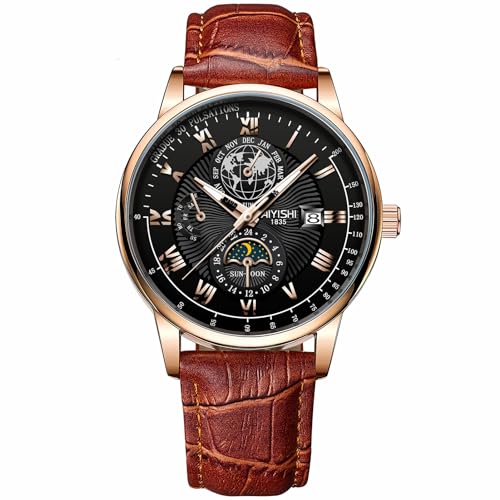 Syfunlv Herrenuhr Mode Quarzwerk Armbanduhr, 30M Wasserdicht Multifunktionale Uhren Leuchtende Datumsanzeige Modische Freizeituhr Sport Multifunktions Lederuhr. (Braun-Schwarz-Braungold) von Syfunlv