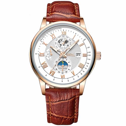 Syfunlv Herrenuhr Mode Quarzwerk Armbanduhr, 30M Wasserdicht Multifunktionale Uhren Leuchtende Datumsanzeige Modische Freizeituhr Sport Multifunktions Lederuhr. (Braun-Weiß-Braungold) von Syfunlv