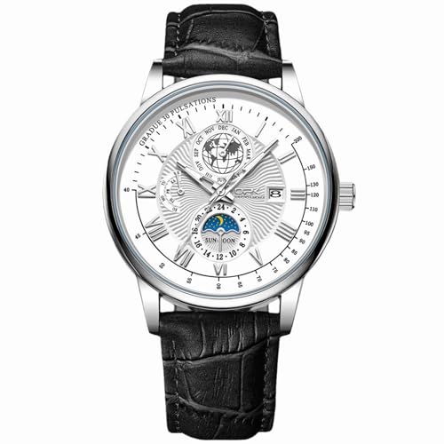 Syfunlv Herrenuhr Mode Quarzwerk Armbanduhr, 30M Wasserdicht Multifunktionale Uhren Leuchtende Datumsanzeige Modische Freizeituhr Sport Multifunktions Lederuhr. (Schwarz-Weiß-Silber) von Syfunlv