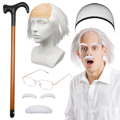 Halbglatze Perücke Set Weißer Glatze Perücke Herren Schnurrbart Zum Ankleben Opa Brille Opa Kostüm Rentner Alter Mann Kostüm für Halloween Karneval Cosplay von Syhdfxknp