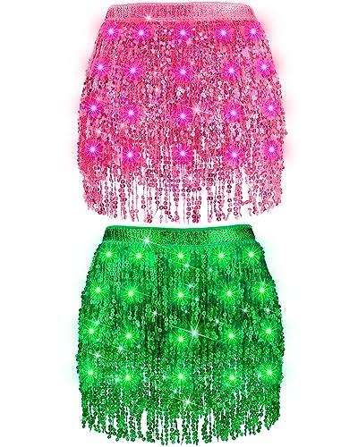 Syhood 2 Stück Pailletten-Quastenrock, LED-Quastenrock, beleuchteter Bauchtanz-Hüftschal-Rock für Mädchen, Frauen, Halloween, Cosplay, Rosa, Grün, M/L von Syhood