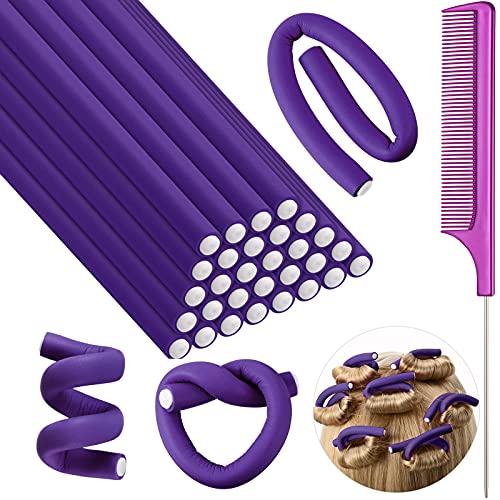 30 Stück Flexible Lockenstab Twist Schaum Lockenwickler Weich Schaum Keine Hitze Lockenwickler und 1 Stahl Rattenschwanz Kamm für Damen Mädchen Lang und Kurz Haar (Reines Lila, 7 x 0,3 Zoll) von Syhood