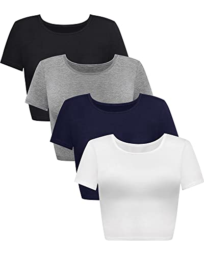 4 Pack Damen Basic Tight Kurzarm Frauen Niedlich Trendy Crop Tops U-Ausschnitt Crop für Frauen oder Teenager Mädchen, Schwarz, Weiß, Grau, Blau, Klein von Syhood