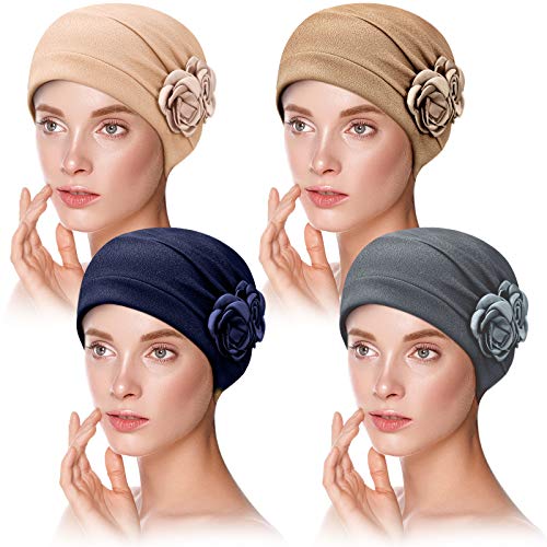 4 Stücke Turban Blumen Set Kopfbedeckung Mütze Turban Schal Kappe Für Damen (Beige, Khaki, Grau, Marineblau) von Syhood