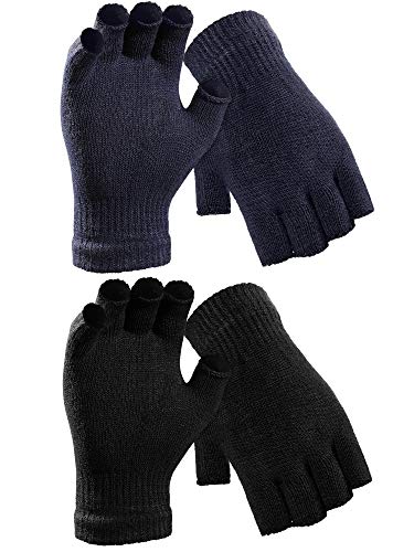 Syhood 2 Paare Halbfinger Handschuhe Unisex Warme Winter Fingerlose Handschuhe für Männer Frauen (Schwarz, Dunkelblau) von Syhood