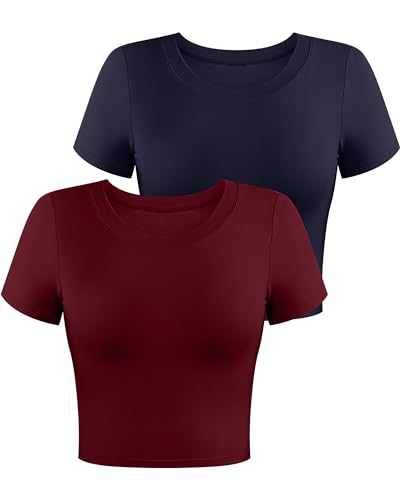 Syhood 2 Pack Damen Kurzarm Crop Tops Basic Rundhals Workout Sets Slim Fit Cropped Top Enges T-Shirt, Marineblau/Weinrot, kurzärmelig, X-Groß von Syhood