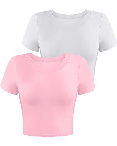 Syhood 2 Pack Damen Kurzarm Crop Tops Basic Rundhals Workout Sets Slim Fit Cropped Top Enges T-Shirt, Rosa/Weiß, kurzärmelig, Groß von Syhood
