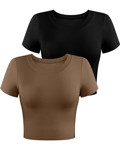 Syhood 2 Pack Damen Kurzarm Crop Tops Basic Rundhals Workout Sets Slim Fit Cropped Top Enges T-Shirt, Schwarz/Kaffeebraun, kurzärmelig, Groß von Syhood