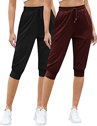 Syhood 2er-Pack Capri Sweatpants Damen Kordelzug Capris Casual Cropped Jogginghose mit Taschen, Schwarz, Burgunderrot, M von Syhood