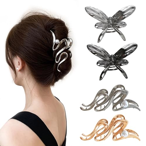 4PCS Haarklammern, Perlen-Haarklammern, rutschfeste Metall-Haarspangen, starker Halt, Haarschmuck für Damen und Mädchen，Übergroßer Perlenwellen-Clip für Damen, Süßer und cooler Metall-Schmetterling von Sykerout