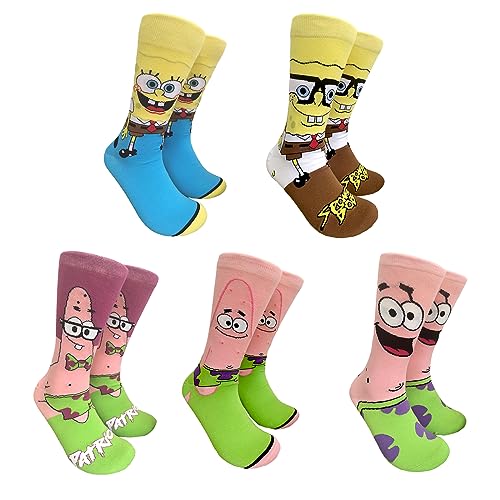 5 Paare Cartoon-Socken, SpongeBob Schwammkopf Socken,Damen Socken mit Beliebten Charakteren, Weiche und Atmungsaktive Socken Damen Schuhe, Niedlich und Lustige Socken für Teenager und Frauen von Sykerout