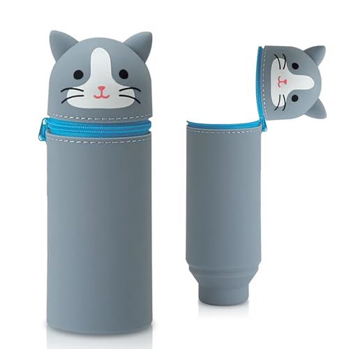 Silikon Federmäppchen mit Tierdesign - Süßes 2-in-1 Schulmäppchen aus weichem Silikon | Federmappe & Stiftehalter | Schlampermäppchen für Schule, Büro (Blaue Katze) von Sykerout