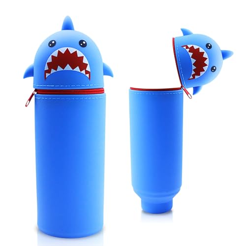 Silikon Federmäppchen mit Tierdesign - Süßes 2-in-1 Schulmäppchen aus weichem Silikon | Federmappe & Stiftehalter | Schlampermäppchen für Schule, Büro (Blauer Hai) von Sykerout