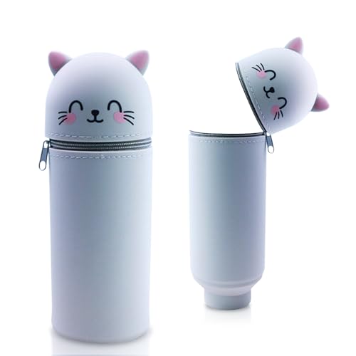 Silikon Federmäppchen mit Tierdesign - Süßes 2-in-1 Schulmäppchen aus weichem Silikon | Federmappe & Stiftehalter | Schlampermäppchen für Schule, Büro (Graue Katze) von Sykerout