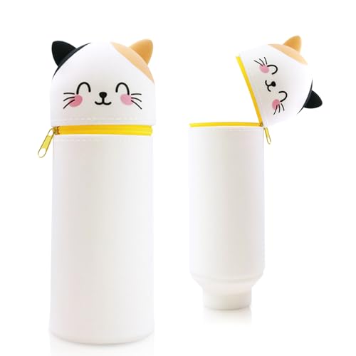 Silikon Federmäppchen mit Tierdesign - Süßes 2-in-1 Schulmäppchen aus weichem Silikon | Federmappe & Stiftehalter | Schlampermäppchen für Schule, Büro (Lächelnde gefleckte Katze) von Sykerout