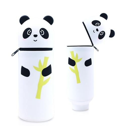 Silikon Federmäppchen mit Tierdesign - Süßes 2-in-1 Schulmäppchen aus weichem Silikon | Federmappe & Stiftehalter | Schlampermäppchen für Schule, Büro (Panda hält Bambus) von Sykerout