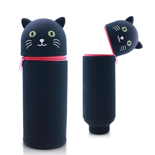 Silikon Federmäppchen mit Tierdesign - Süßes 2-in-1 Schulmäppchen aus weichem Silikon | Federmappe & Stiftehalter | Schlampermäppchen für Schule, Büro (Schwarze Katze) von Sykerout