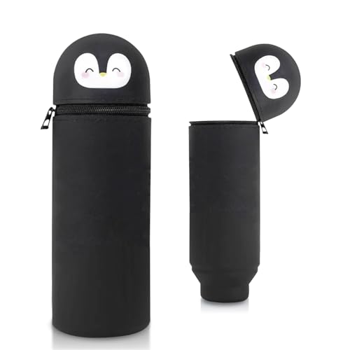 Silikon Federmäppchen mit Tierdesign - Süßes 2-in-1 Schulmäppchen aus weichem Silikon | Federmappe & Stiftehalter | Schlampermäppchen für Schule, Büro (Schwarzer Pinguin) von Sykerout