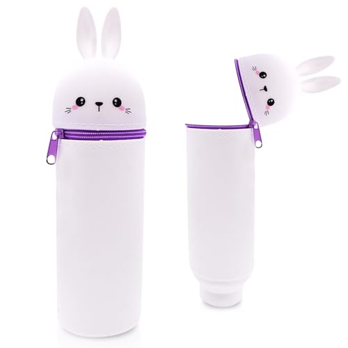 Silikon Federmäppchen mit Tierdesign - Süßes 2-in-1 Schulmäppchen aus weichem Silikon | Federmappe & Stiftehalter | Schlampermäppchen für Schule, Büro (Weißes Kaninchen) von Sykerout