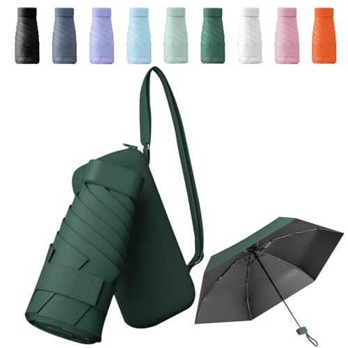 Sykerout Mini Regenschirm - Kompakter Taschenschirm, Faltbarer Reise-UV-Schirm Mit Kartenhalter und Seil (Dunkelgrün) von Sykerout