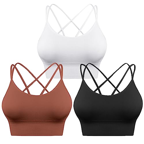 Sykooria 3er-Pack Sport-BH für Damen, sexy überkreuzt, für Yoga, Laufen, Sport, Fitnessstudio, Workout, Fitness, Tanktops, 3 Stück - Schwarz + Weiß + Bronze, small von Sykooria