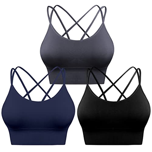 Sykooria 3er-Pack Sport-BH für Damen, sexy überkreuzt, für Yoga, Laufen, Sport, Fitnessstudio, Workout, Fitness, Tanktops, 3er-Pack, schwarz, grau, marineblau, small von Sykooria