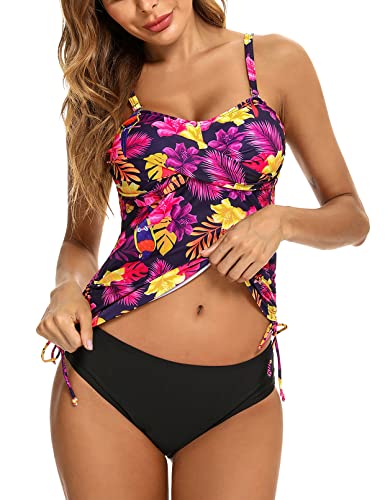 Sykooria Damen Tankini Bauchweg Sexy Zweiteilig Push up Top Oberteil mit Einstellbarer Bikinislip Blumendruck Tankinis für Damen Sommer Badeanzug Set, Fuchsia Papagei S von Sykooria