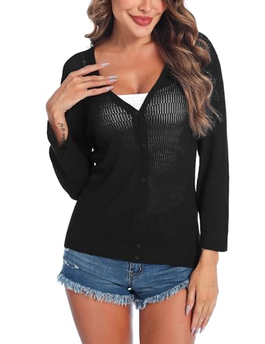 Sykooria Bolero Damen 3/4 Ärmel Dünne Jacke Sommer Cardigan Leichte Strickjacke Kurz Stricktop Oberteile mit Knopfleiste, Schwarz XL von Sykooria