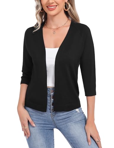 Sykooria Bolero Damen Festlich Strick 3/4 Ärmel Kurz Jäckchen Leicht Cardigan V Ausschnitt Open Front Strickjacke Elegant Bolerojacke, Schwarz M von Sykooria