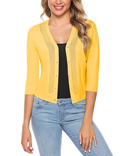 Sykooria Damen Strickjacke 3/4 Ärmel Cardigan Kurz Elegant Boleros Dünne Strickjacke Leicht Sommerjacke Bolerojacke, Gelb L von Sykooria