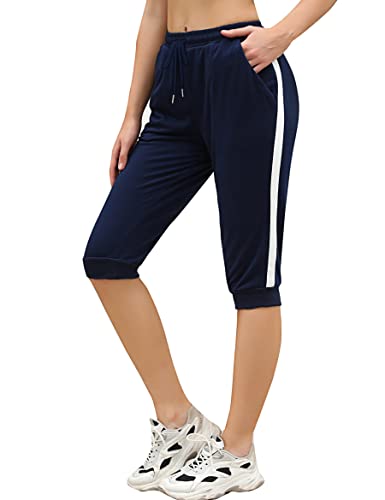 Sykooria Damen 3/4 Jogginghose Trainingshose High Waist Sporthose Yoga Hosen Freizeithose Sweathose Baumwolle für Laufen Yoga Fitness, 816-Dunkelblau, S von Sykooria