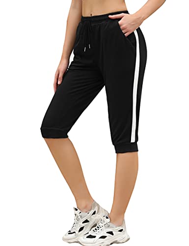 Sykooria Damen 3/4 Jogginghose Trainingshose High Waist Sporthose Yoga Hosen Freizeithose Sweathose Baumwolle für Laufen Yoga Fitness, 816-Schwarz, S von Sykooria