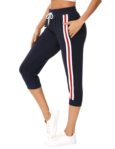 Sykooria Damen 3/4 Jogginghose Trainingshose High Waist Sporthose Yoga Hosen Freizeithose Sweathose Baumwolle für Laufen Yoga Fitness, B-Dunkelblau XXL von Sykooria